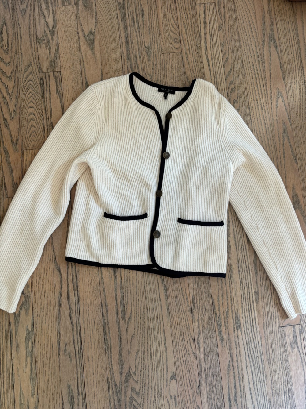 rag & bone Ivory Ribbed Cardigan with Black Trim